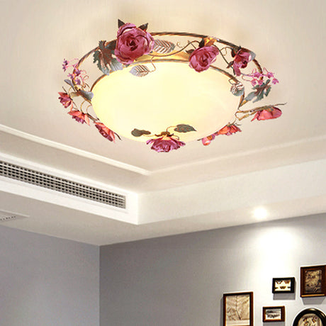 Rustic Metal Bowl Ceiling Lamp With Flower Decor - Flush Mount Light Fixture For Dining Room White
