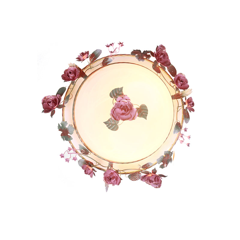 Rustic Metal Bowl Ceiling Lamp With Flower Decor - Flush Mount Light Fixture For Dining Room White