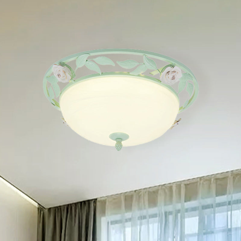 15/19 Korean Flower Metal Bowl Ceiling Light - 1 Head Flush Mount Fixture In Pink/Blue/Green Green /