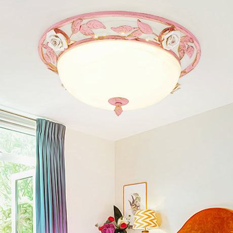 15/19 Korean Flower Metal Bowl Ceiling Light - 1 Head Flush Mount Fixture In Pink/Blue/Green Pink /