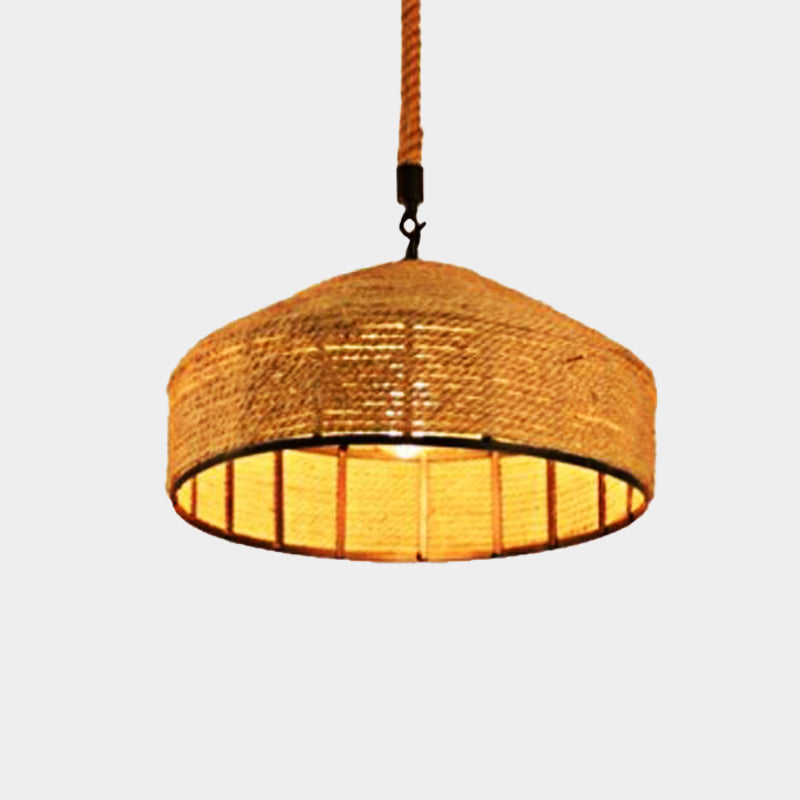 Beige Pendant Light Fixture - Hand-Woven Mongolian Yurts Design With Antiqued Rope