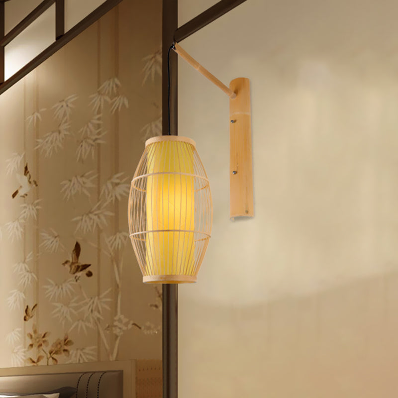 Asian Bamboo Wall Sconce In Beige - Oblong Hanging Bedroom Light Fixture With 1 Bulb