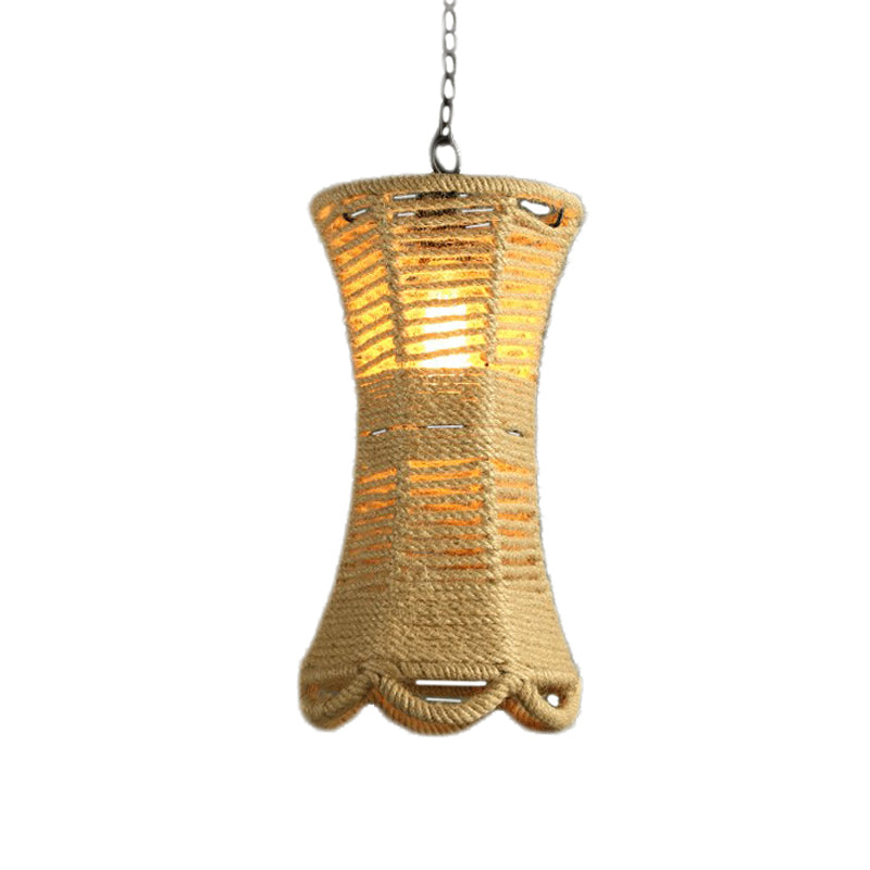 Vintage Beige Radian Pendant Lamp: Hand-Woven 1-Head Restaurant Hanging Light Fixture With Rope