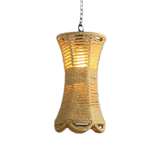 Vintage Beige Radian Pendant Lamp: Hand-Woven 1-Head Restaurant Hanging Light Fixture With Rope
