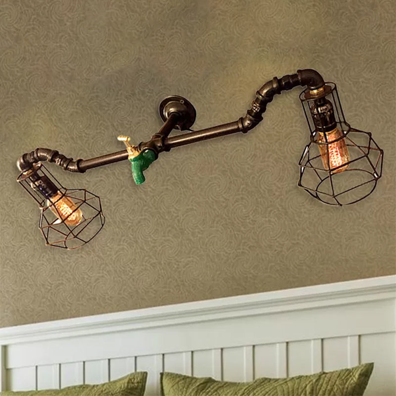Farmhouse Caged Wall Sconce With 2 Lights Metal Design Black Finish - Global Lighting Fixture