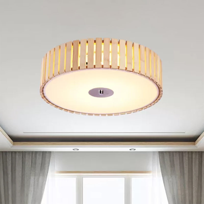 Modern Bamboo Flush Mount Led Ceiling Light 15’/19’ W Beige Drum Shade Fixture For Living Room