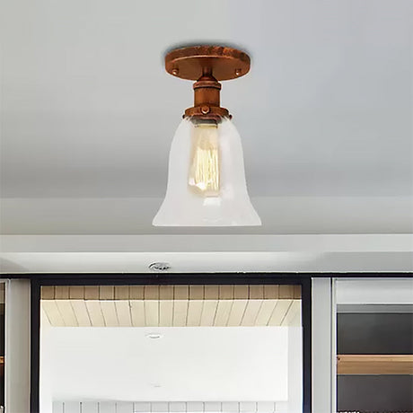 Industrial Flared Glass Semi Flush Mount Light With Clear Bulb In Black/Bronze/Copper