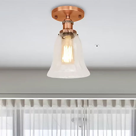 Industrial Flared Glass Semi Flush Mount Light With Clear Bulb In Black/Bronze/Copper