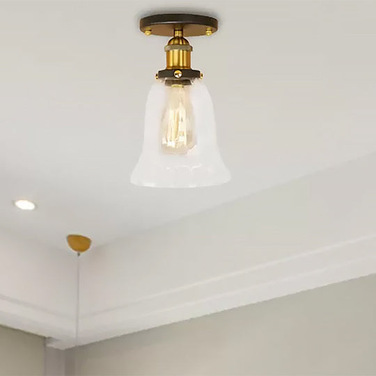 Industrial Flared Glass Semi Flush Mount Light With Clear Bulb In Black/Bronze/Copper