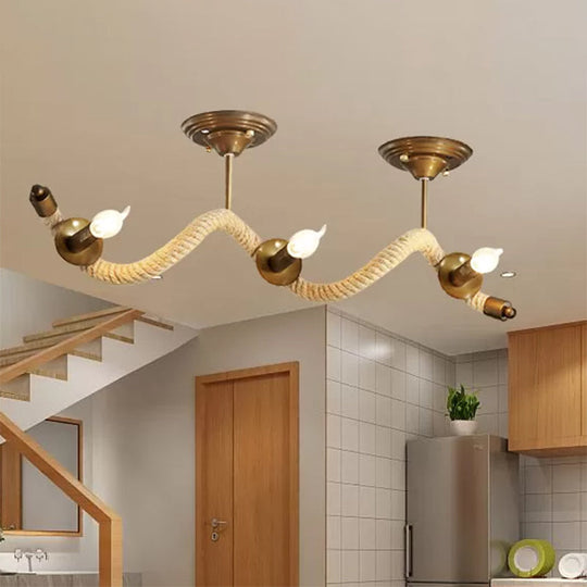 3 - Head Wavy Rope Semi - Mount Ceiling Light Fixture - Vintage Brass Finish With Metallic Shine