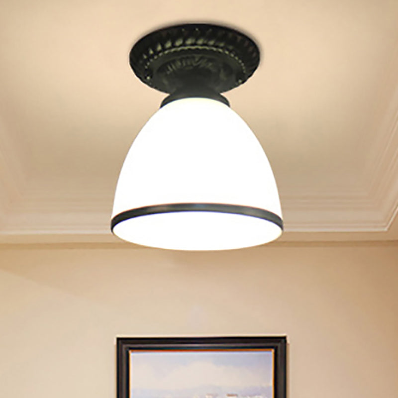 Industrial Black Semi Flush Ceiling Light With Milky Glass Shade – Perfect For Gallery