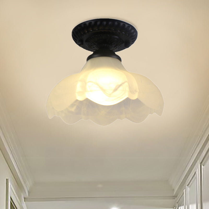 Industrial Black Semi Flush Ceiling Light With Milky Glass Shade – Perfect For Gallery