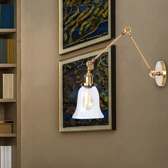 Vintage Style Brass Flared Wall Lighting With Clear Textured Glass - 1 Light Sconce Fixture For