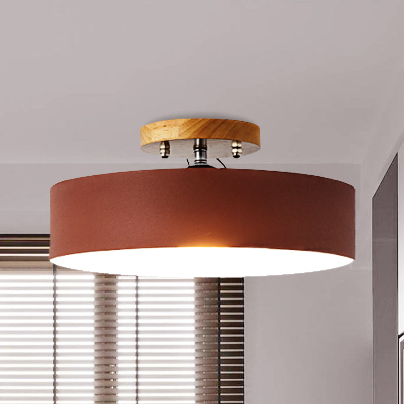 Modern Semi-Mount Drum Light: 1-Light 12’ W Metal Fixture In Gray/White/Red/Pink For Living Room