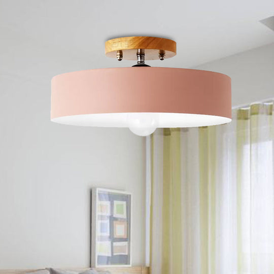 Modern Semi-Mount Drum Light: 1-Light 12’ W Metal Fixture In Gray/White/Red/Pink For Living Room