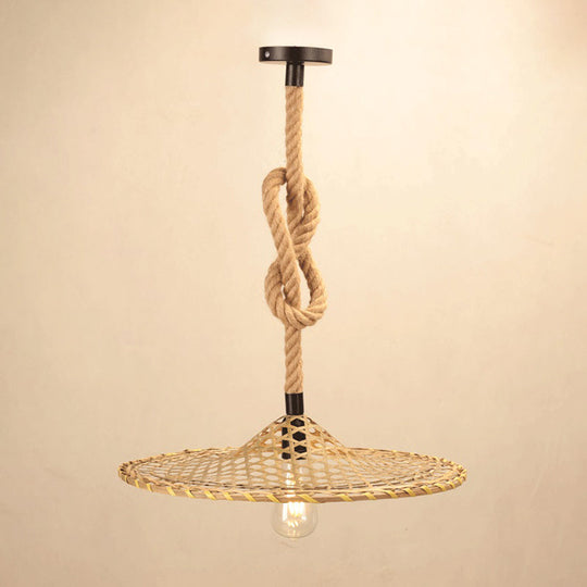 Bamboo Hat Pendant Ceiling Light With Countryside Beige Rope - Knots Design