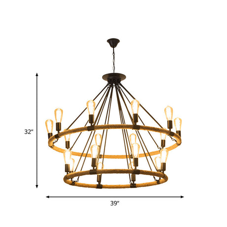 Industrial 2-Tier Beige Chandelier Pendant Lamp With 18 Ring Rope Lights For Restaurants