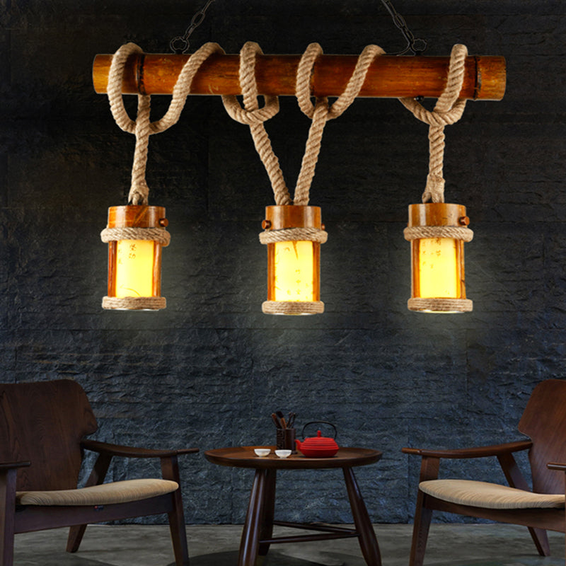 Vintage Wood Cylindrical Pendant Lamp - Bamboo Island Lighting With Rope Cord Set Of 3 Bulbs