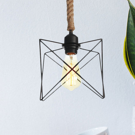 Vintage Metallic Hanging Cage Pendant Light With Rope Cord For Dining Room