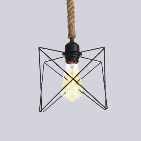 Vintage Metallic Hanging Cage Pendant Light With Rope Cord For Dining Room