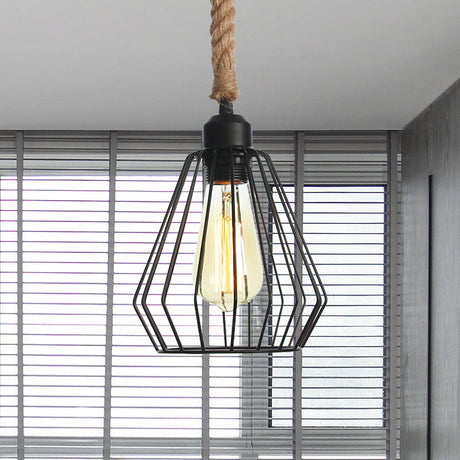 Vintage Metallic Hanging Cage Pendant Light With Rope Cord For Dining Room