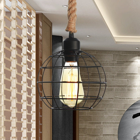 Vintage Metallic Hanging Cage Pendant Light With Rope Cord For Dining Room Black / D