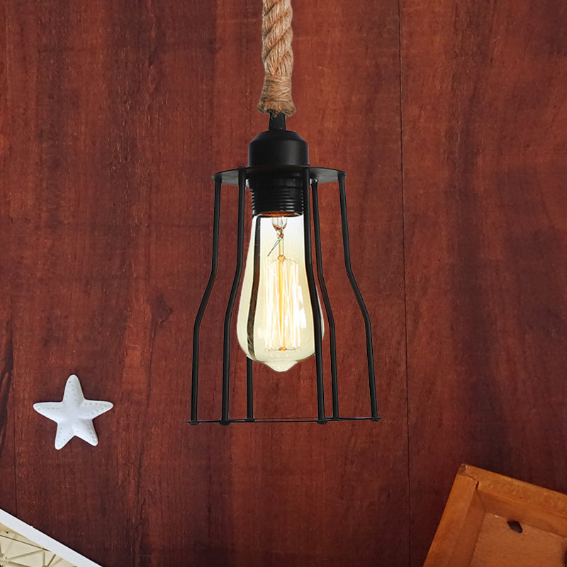 Vintage Black Wire Cage Pendant Light With Rope Cord - Dining Room Hanging Lamp