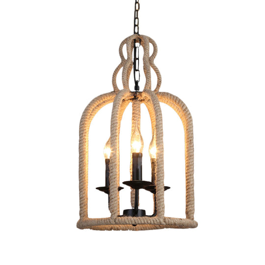 Industrial Rope Bird Cage Pendant Lamp - Beige 3 Heads Chandelier Light For Coffee Shop Ceiling