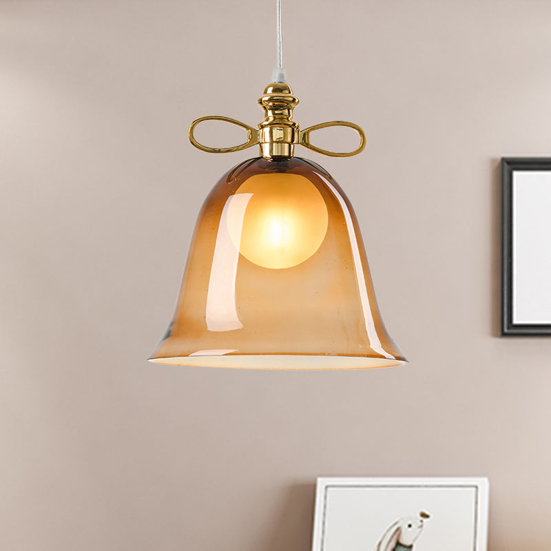 1-Light Bell Glass Pendant Ceiling Light In Simplicity Brown