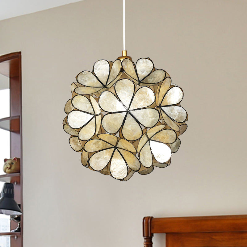 Modern Shell Globe Pendant: Elegant 1-Light Hanging Ceiling Fixture In White/Beige
