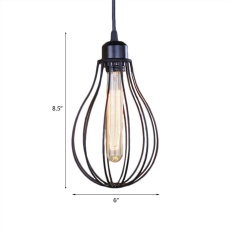 Vintage Industrial Pendant Ceiling Light In Metallic Black/Brass Finish With Wire Cage And Bulb