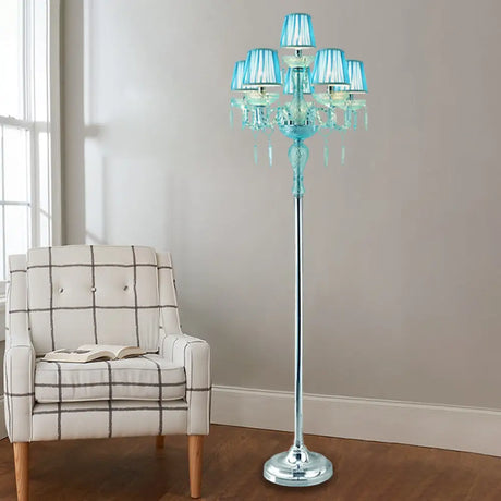 5/6/7-Bulb Traditional Crystal Candelabra Floor Lamp In Blue With Pleated Shade 6 /