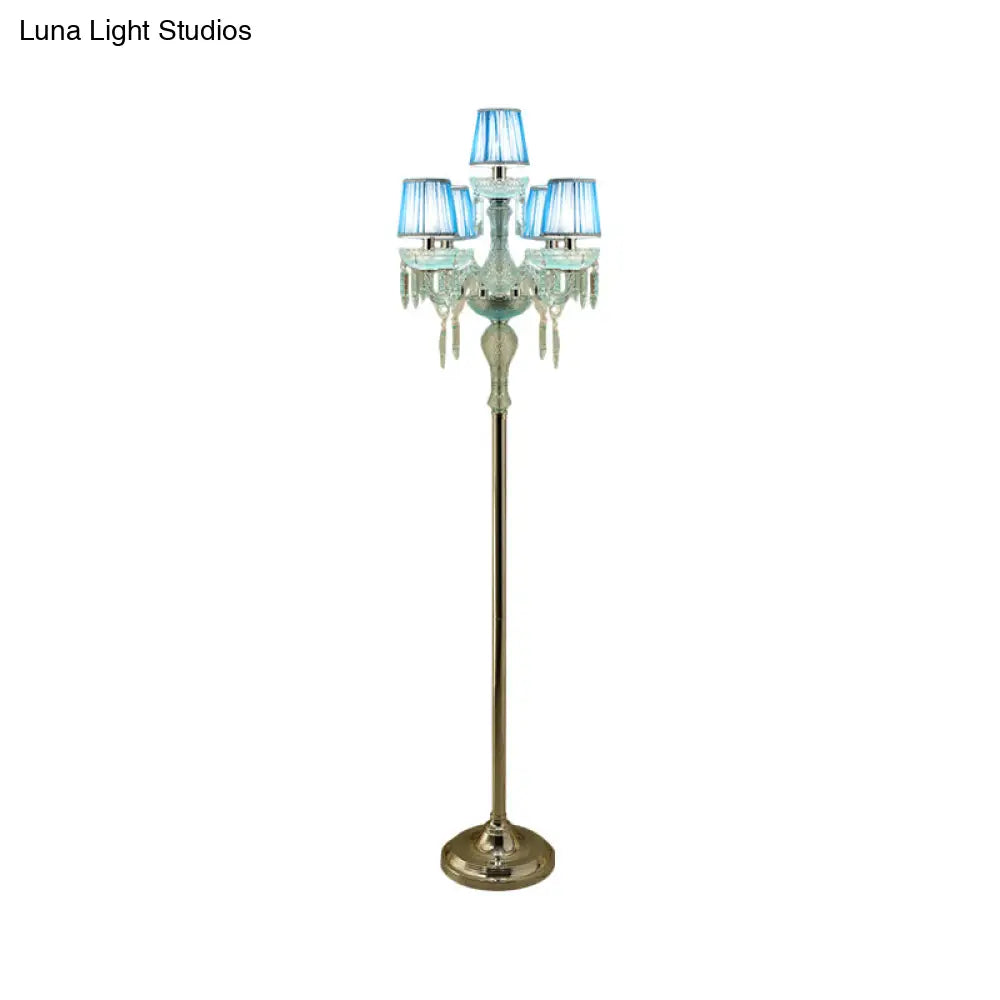 5/6/7-Bulb Traditional Crystal Candelabra Floor Lamp In Blue With Pleated Shade