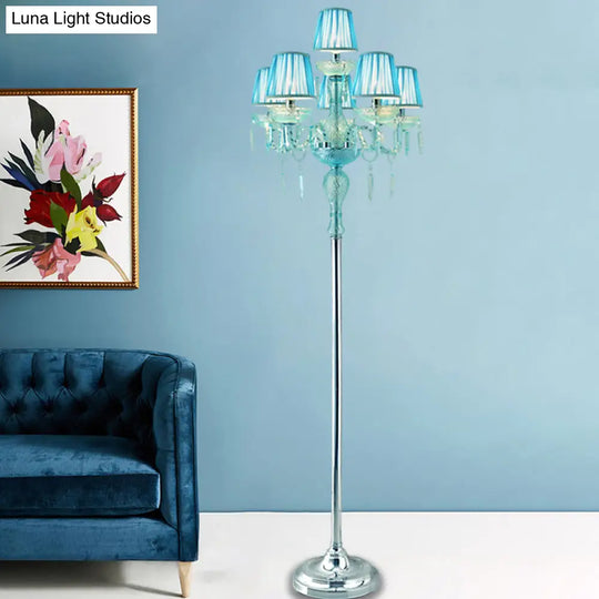 5/6/7-Bulb Traditional Crystal Candelabra Floor Lamp In Blue With Pleated Shade
