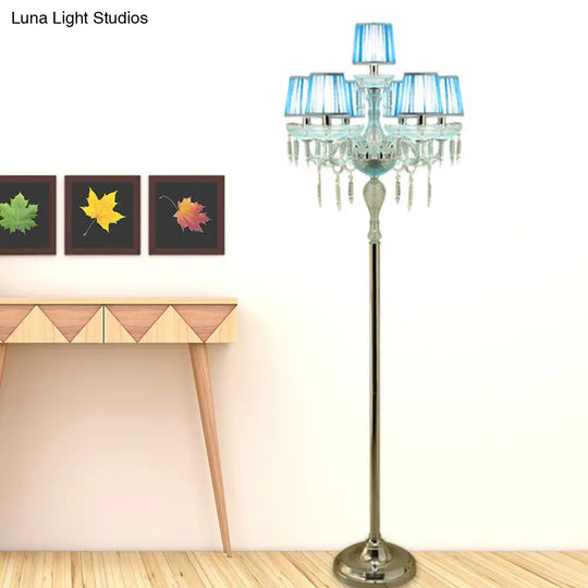 5/6/7-Bulb Traditional Crystal Candelabra Floor Lamp In Blue With Pleated Shade