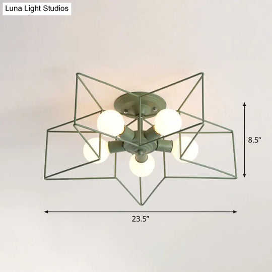 5 - Bulb Iron Star Semi Flush Mount Ceiling Light For Simple Living Room Decor Green
