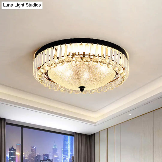 5-Bulb Textured Glass Dome Flush Mount Light In Black With Crystal Accent