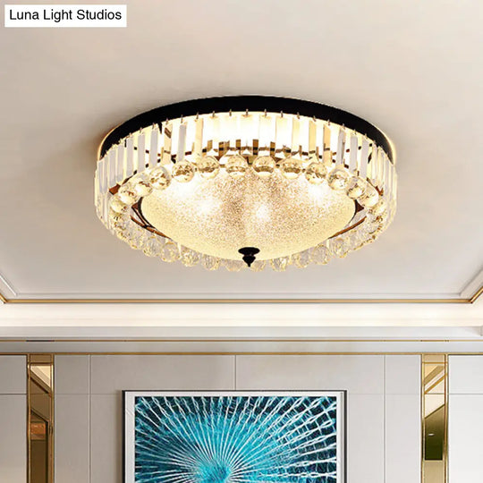 5 - Bulb Textured Glass Dome Flush Mount Light In Black With Crystal Accent
