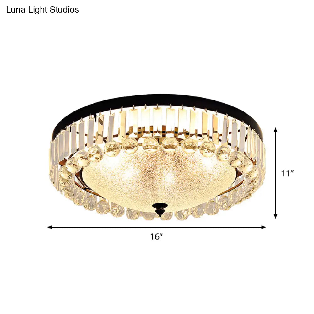 5 - Bulb Textured Glass Dome Flush Mount Light In Black With Crystal Accent