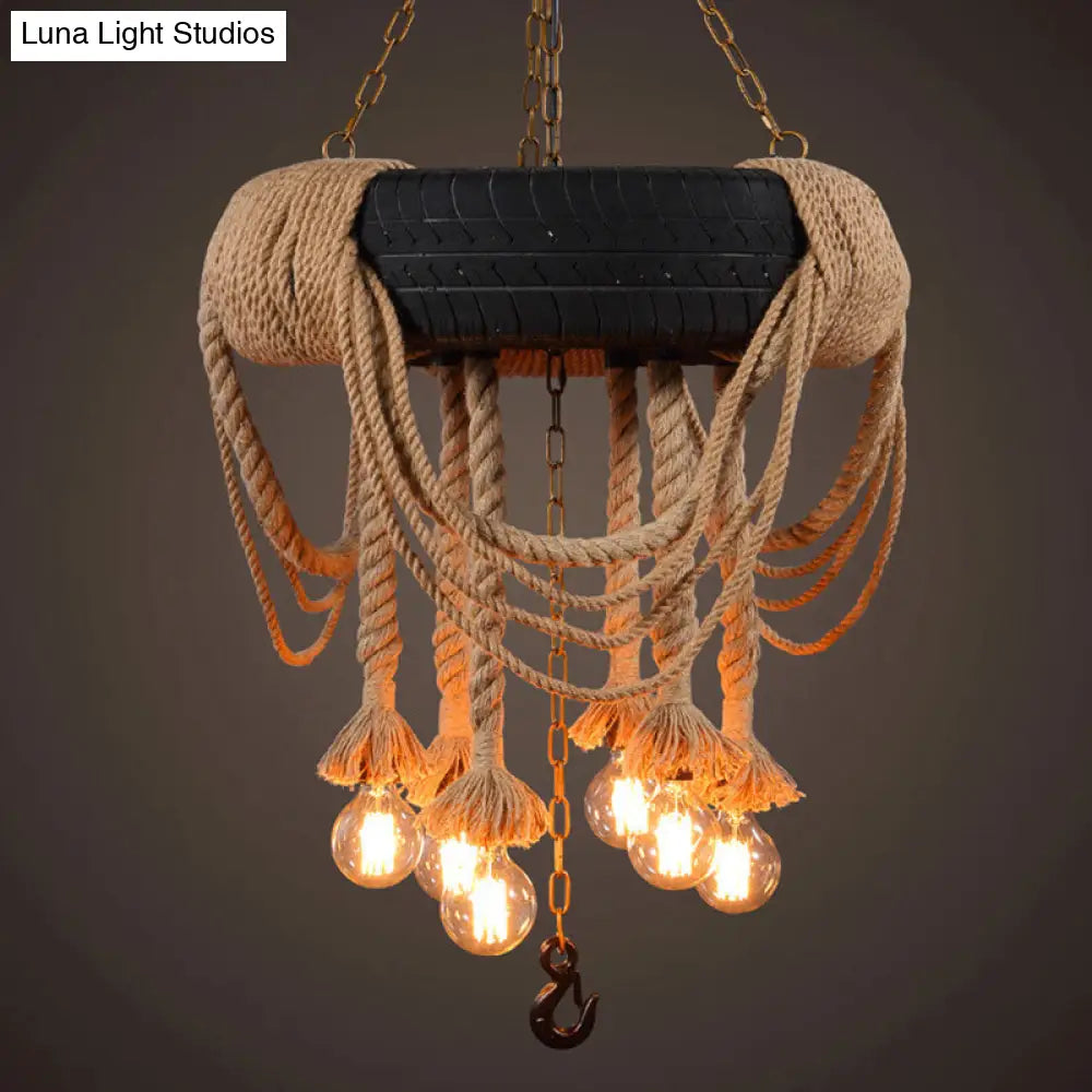 5-Light Black Tyre Chandelier With Warehouse Rope Suspended Pendant For Restaurant