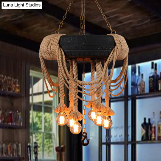 5-Light Black Tyre Chandelier With Warehouse Rope Suspended Pendant For Restaurant