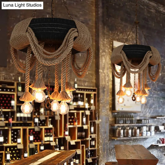 Industrial Black Tyre Chandelier With Hanging Rope - 5-Light Suspension Pendant For Restaurant &