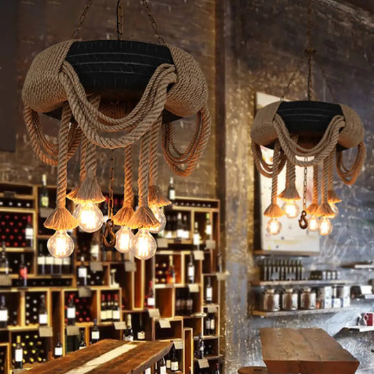 5-Light Black Tyre Chandelier With Warehouse Rope Suspended Pendant For Restaurant
