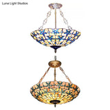 5-Light Stained Glass Dome Semi Flush Ceiling Light In Antique Brass - Tiffany Style For Bedroom