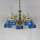 5-Light Tiffany Chandelier: Cut Glass Dome Pendant Lamp In White/Antique Brass With Mermaid Deco