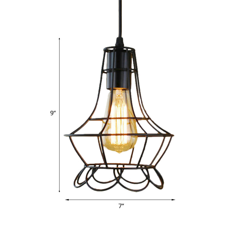 Metal Industrial Pendant Lighting With Flower Cage Shade - Height Adjustable Ceiling Fixture For
