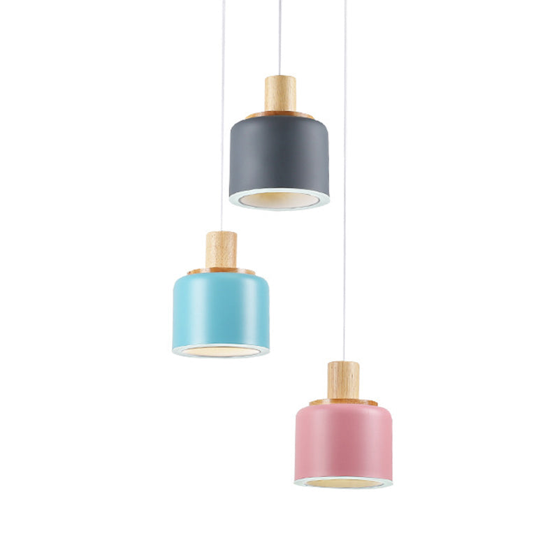 White Small Drum Cluster Pendant Light With Wood Top - Minimalist Design 3 Heads Metallic Ceiling