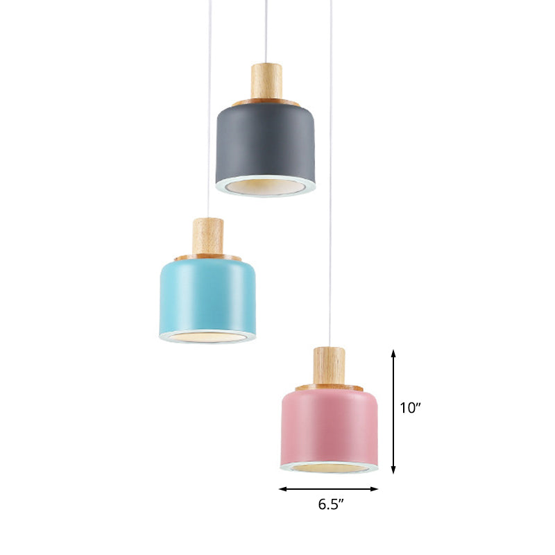 White Small Drum Cluster Pendant Light With Wood Top - Minimalist Design 3 Heads Metallic Ceiling