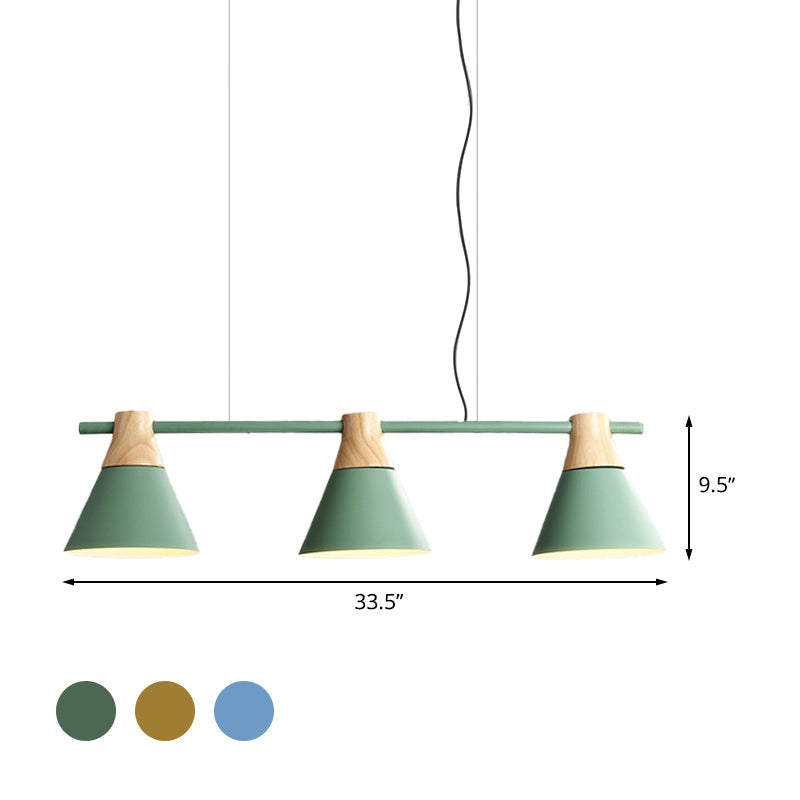 Modern Cone Dining Room Suspension Light With Linear Design - 3 Bulbs Pendant In Yellow/Blue/Green