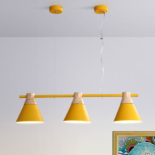 Modern Iron Cone Suspension Light With 3 Bulbs In Yellow/Blue/Green - Linear Design For Dining Room